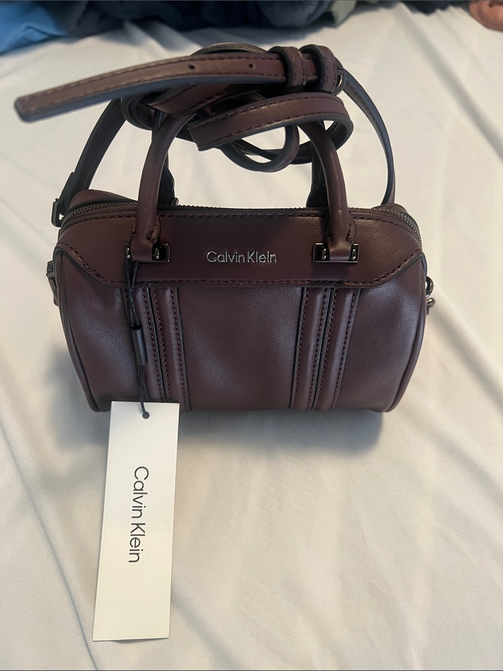 Calvin Klein Mini Barrel Satchel in Burgundy